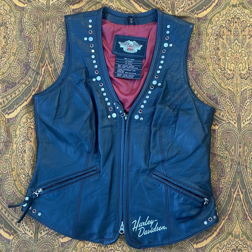 Harley-Davidson Black Leather Sleeveless Vest with Silver Studs